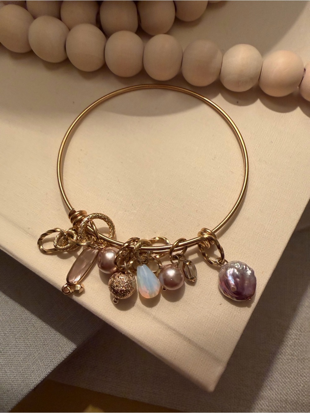 Handmade One of a Kind Gold Tone Charm Bangle Bracelet Pearl Opalite NWOT